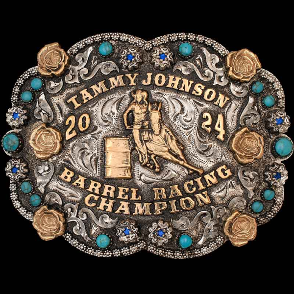 "The perfect trophy buckle for any Can Chaser! Crafted on a hand-engraved, German Silver base with our signature antique finish. Detailed with beautiful Jewelers Bronze roses, berry edges, turquoise stones and German Silver flowers. 

Customize it 